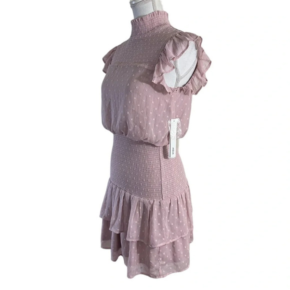 Aqua NEW Pink Swiss Dot High Neck Dress Size Small Short Sleeves Seersucker - Picture 2 of 13